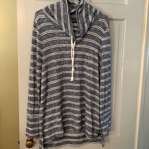 Blue with white stripes. Casual cowl neck sweater